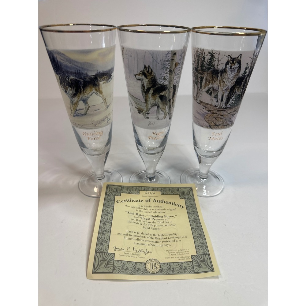 Bradford Exchange Al Agnew Souls of the Wild Wolf Pilsner Glass Set of 3 COA